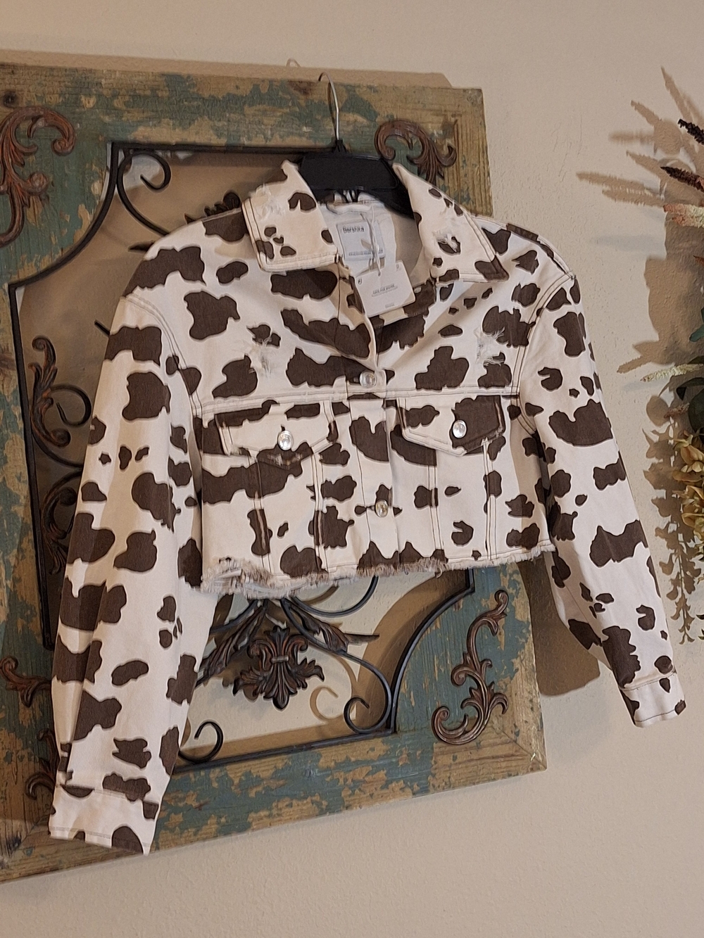 Bershka Brown & White Cowprint Cropped Jean Jacket. NWT Size XS